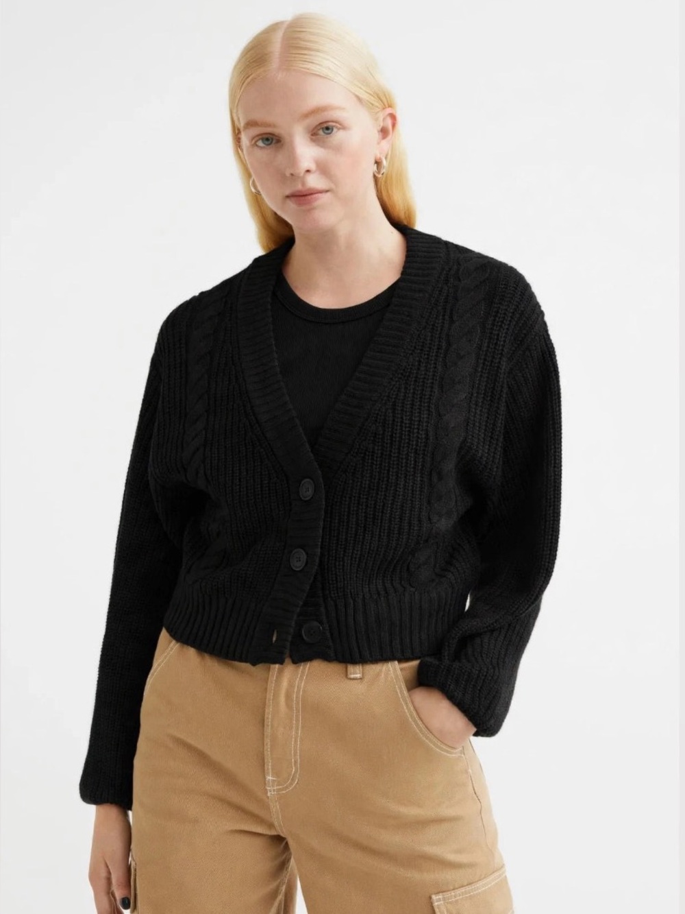 DIVIDED BY H&M BLACK CROPPED CHUNKY KNIT V NECK CARDIGAN SWEATER CABLE DETAIL S